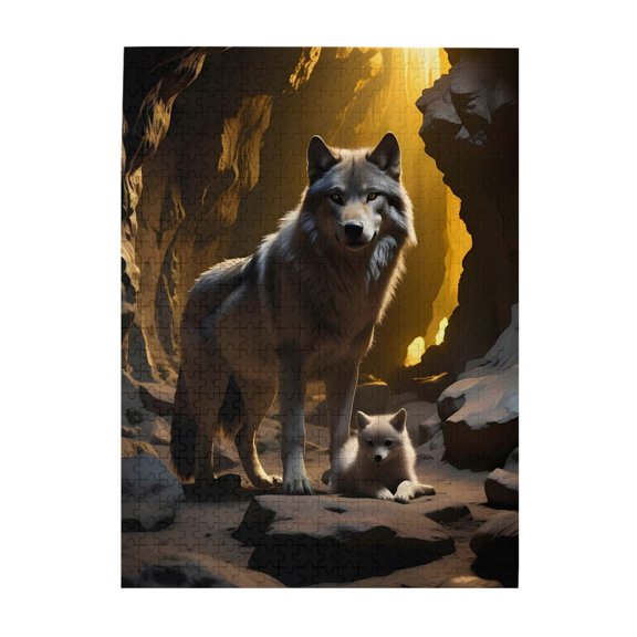 500-Piece Wooden Jigsaw Puzzle for Adults - Wolf Pup Cave Sunlight Wilderness , Interlocking Pieces with Guide Letters, Holiday Gift & Home Decor