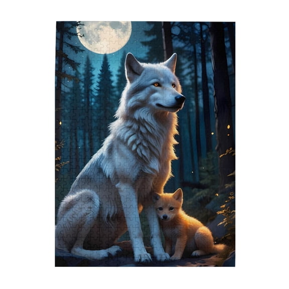 500-Piece Wooden Jigsaw Puzzle for Adults - Wolf Pup Forest Moon Night , Interlocking Pieces with Guide Letters, Holiday Gift & Home Decor