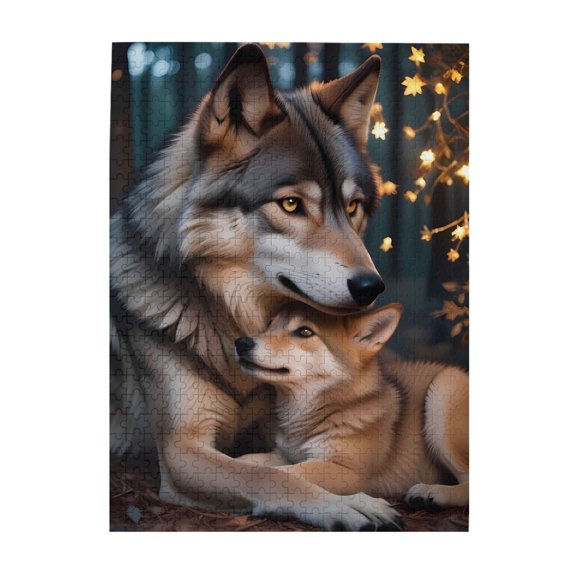 500-Piece Wooden Jigsaw Puzzle for Adults - Wolves Family Cub Forest Stars , Interlocking Pieces with Guide Letters, Holiday Gift & Home Decor