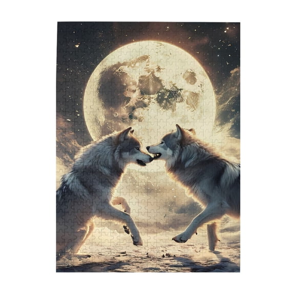 500-Piece Wooden Jigsaw Puzzle for Adults - Wolves Moon Stars Sky Snow , Interlocking Pieces with Guide Letters, Holiday Gift & Home Decor