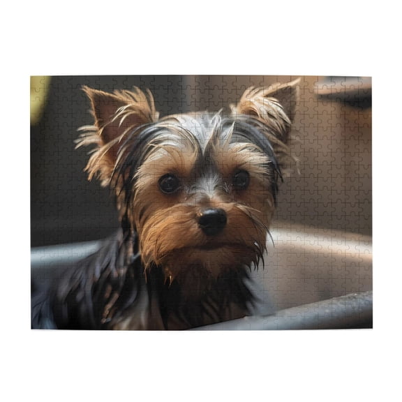 500-Piece Wooden Jigsaw Puzzle for Adults - Yorkie Puppy Wet Fur Eyes , Interlocking Pieces with Guide Letters, Holiday Gift & Home Decor
