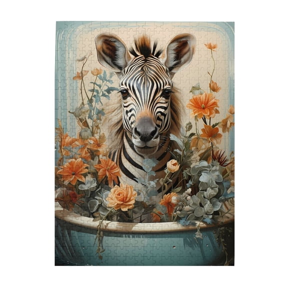 500-Piece Wooden Jigsaw Puzzle for Adults - Zebra Flowers Bathtub Art , Challenging Family Art Project, Unique Home Wall Decor Gift