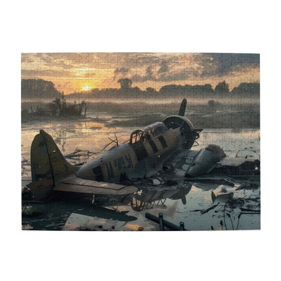 500 Piece Wrecked Fighter Plane Jigsaw Puzzle For Adults – Eerie Sunset Swamp Art, Challenging Wooden Brain Exercise, Relaxing Game, Home Decor, Great Gift Idea