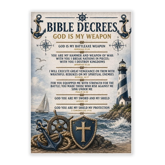 500-Piece wood jigsaw: Nautical Christian 'God Is My Weapon' Bible verse, coastal lighthouse anchor decor. Intellectual, stress-relieving, home decor, eco-friendly, 20.5x15in