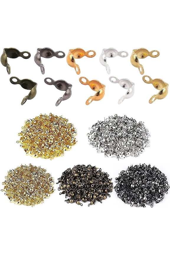 500 Pieces Crimp Beads Calotte Ends Knot Covers for DIY Bracelet Jewelry Making, 5 Colors Clamshell Fold-Over Metal Plated Open Bead Tips Endcaps