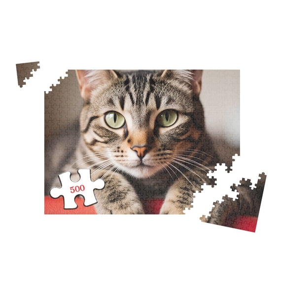 500 Pieces Jigsaw Puzzle for Adults Cat Portrait with Green Eyes Tabby Pattern Artwork Home Decor Relaxation Challenge 20.5x15 Inch