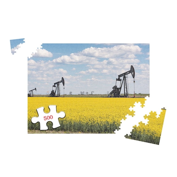 500 Pieces Jigsaw Puzzle for Adults Oil Pump Jacks Canola Field Landscape Prairie Scenery Challenging Brain Teaser Game 20.5x15 Inch Home Decor
