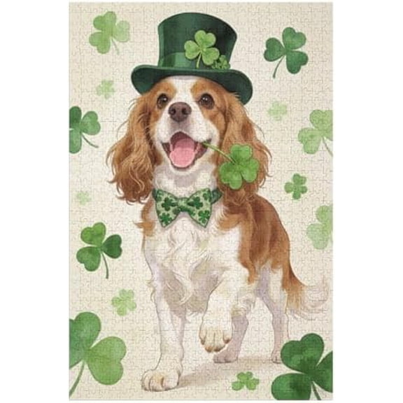 500 Pieces Jigsaw Puzzles for Adults St Patricks Day Cavalier King Charles Spaniel Shamrock Art, Irish Lucky Puzzle for Calm Game Nights, Classic Puzzle
