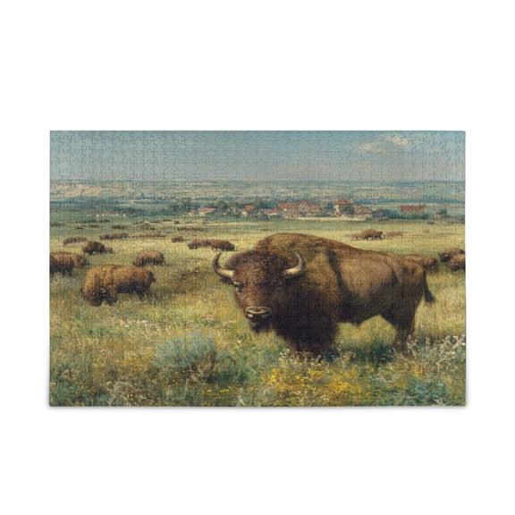500 Pieces Jigsaw Puzzles Storage Bag & Guide Buffalo Herd Oil Painting Puzzle for 15+