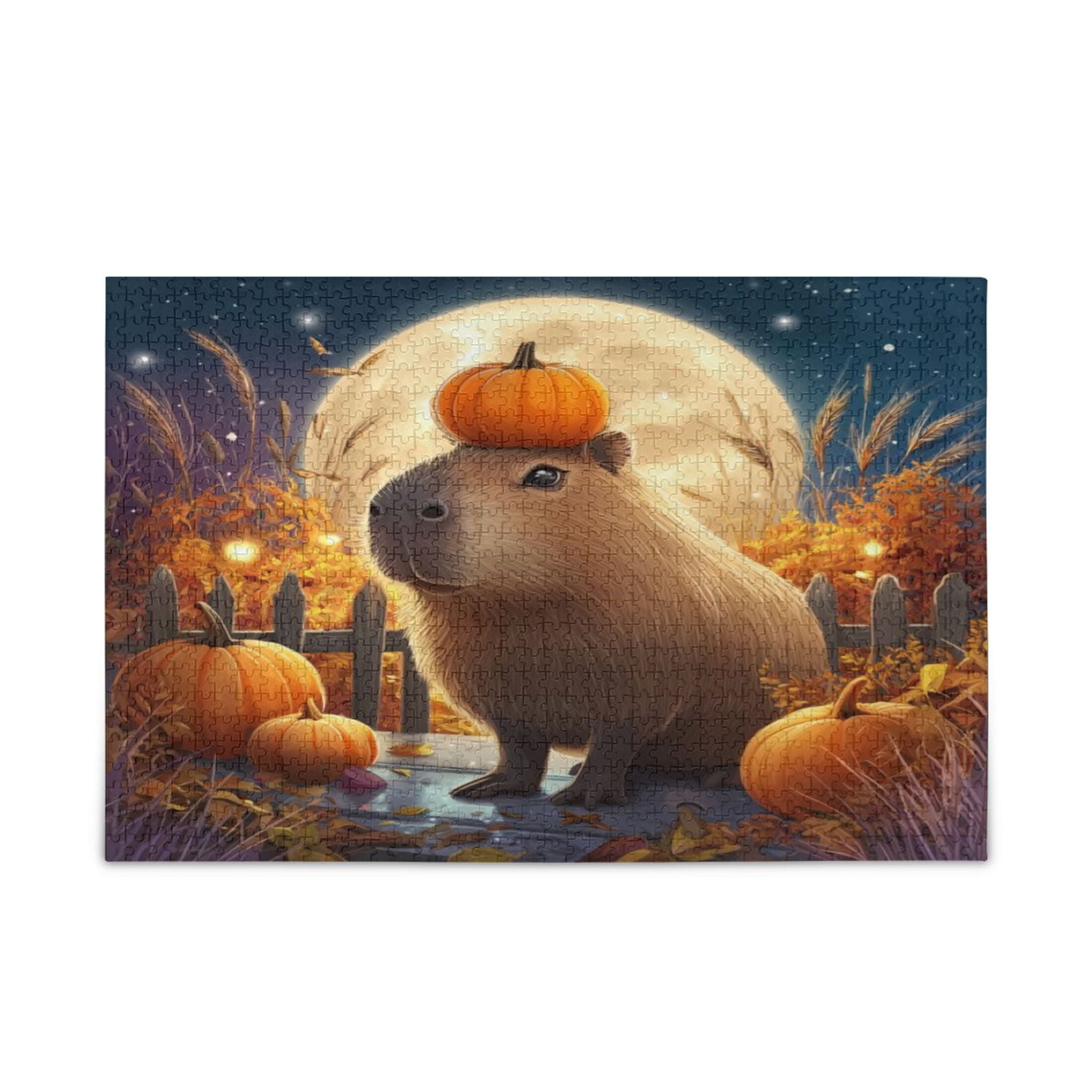 500 Pieces Jigsaw Puzzles Storage Bag & Guide Capybara with Pumpkins ...