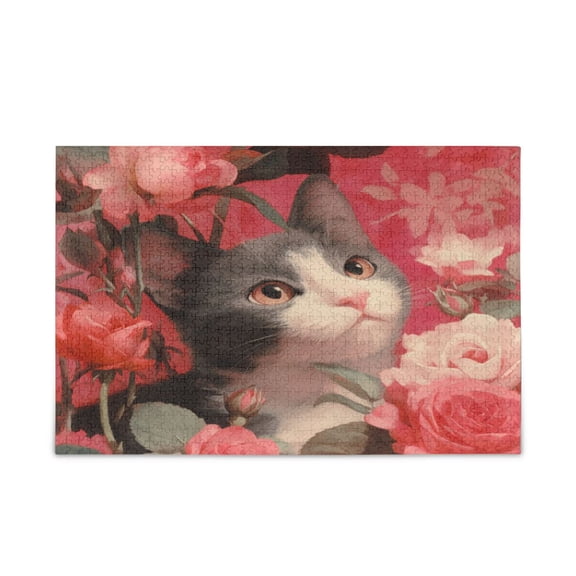 500 Pieces Jigsaw Puzzles Storage Bag & Guide Gray-white Cat with Rose Puzzle for 15+