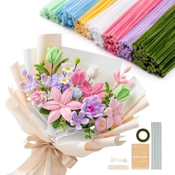 500 Pieces Pipe Cleaners Flower Kit, 7 Colors Chenille Stems Bulk for Flowers Making, Macaron Pastel Pipe Cleaner for Art Projects & Decorations