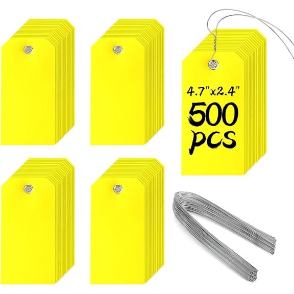 500 Pieces Plastic Shipping Tags with Wire Waterproof Hang Tags Heavy Duty Labeling Tags with String Wires Tags Labels Labeling Tags Stacking Tags for Equipment Car Parts (Yellow, 4 3/4 x 2 3/8)