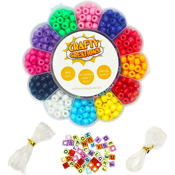 500+ Pieces Pony Beads Craft Kit - Jewelry Making Set with Cord, 12 Colors of Beads, Letter Beads, & Case