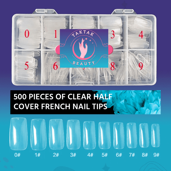 500 Pieces TAKTAK Beauty Half Cover Clear Square Fake Nails Acrylic Nails
