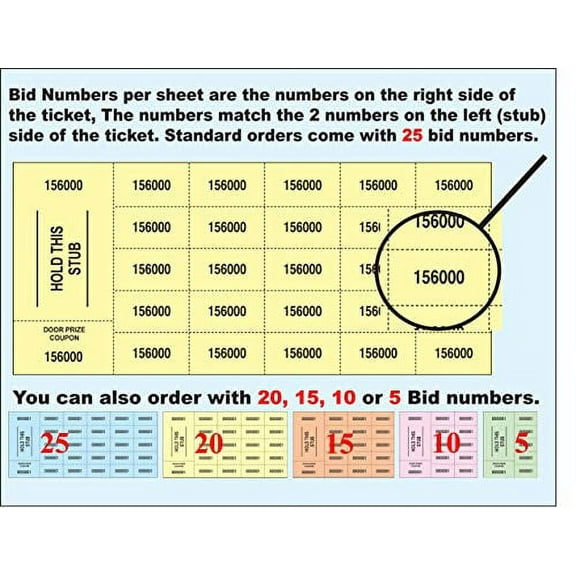 500 Pink Chinese Auction Tickets (2 Stub Choices) (5 Bid Numbers per Sheet, Stub w/ "Buyer's Name, Phone & Email")