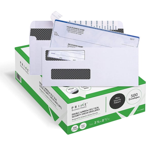 500 Self Seal QuickBooks Double Window Security Check Envelopes - for Business Laser Checks, Ultra Security Tinted, Self Adhesive Peel & Seal White, Size 3 5/8 x 8 11/16-24lb NOT for INVOICES (26865)