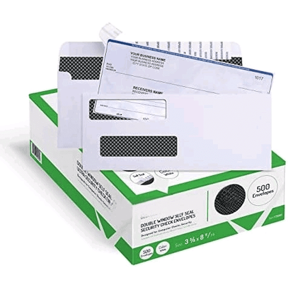 500 Self Seal QuickBooks Double Window Security Check Envelopes - for Business Laser Checks, Ultra Security Tinted, Self Adhesive Peel & Seal White, Size 3 5/8 x 8 11/16-24lb NOT for INVOICES (26865)