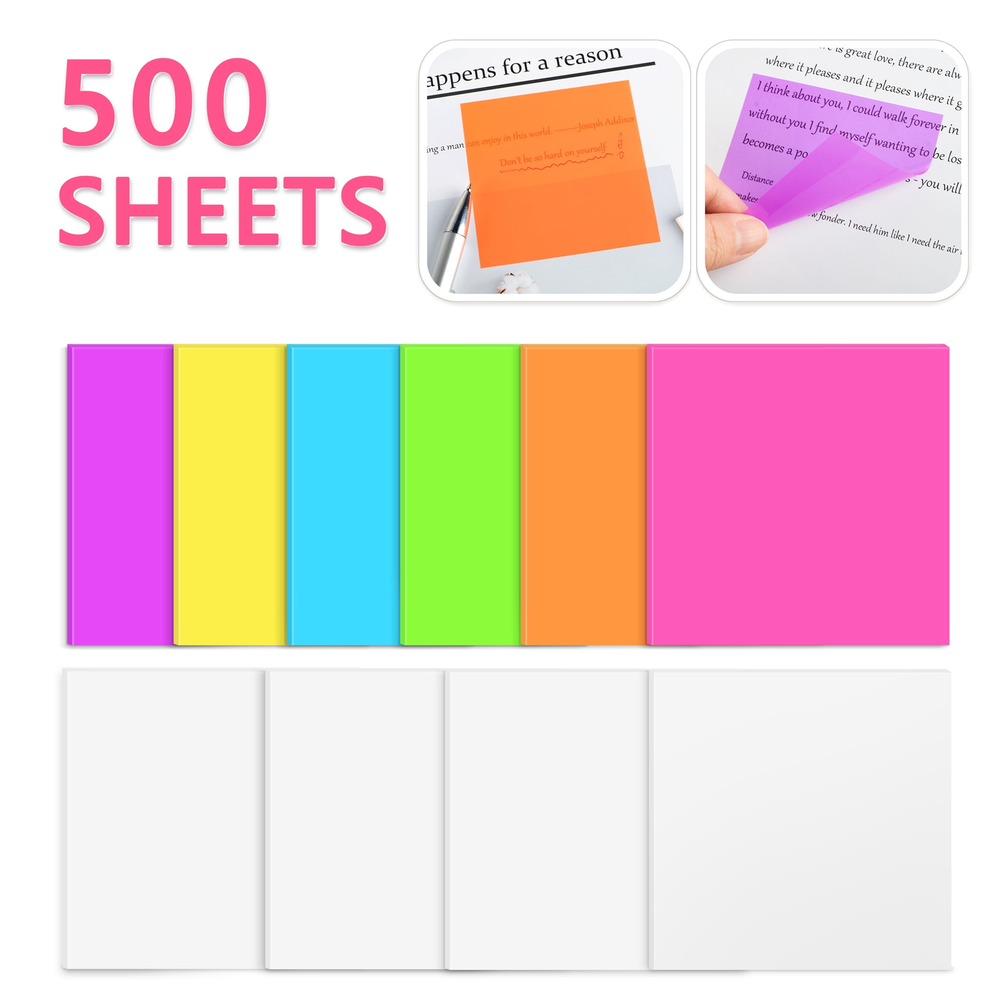 Transparent Sticky Tabs and Notes Set of 12 Pads, See Through Colored Memo  Note Pads Waterproof Self-Stick Pads for Office School Home Supplies (500  Sheets, Self-Adhesive) 