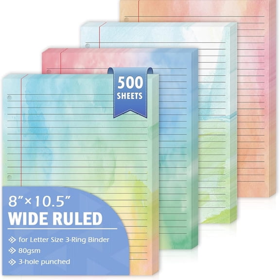 500 Sheets 8"  10.5" Colored Wide Ruled Filler Paper for Letter Size 3-Ring Binder 11/32" Spacing Colored Loose Leaf Paper Wide Ruled Paper Refills 3-Hole Punched Watercolor 80GSM