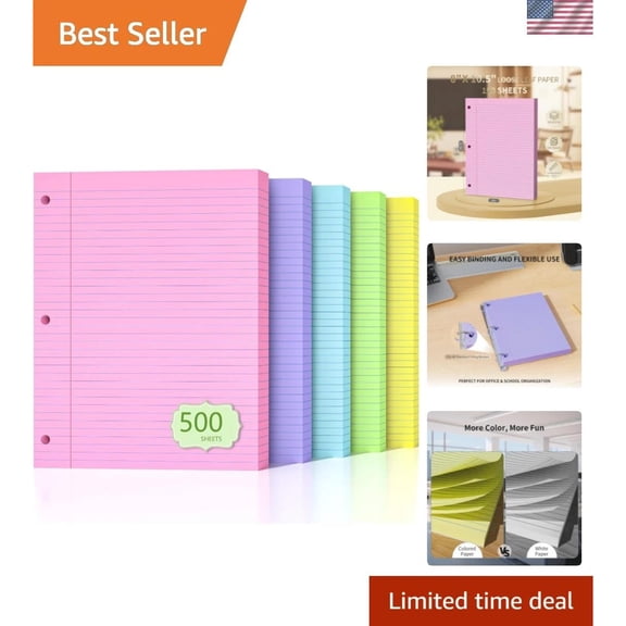 500 Sheets Loose Leaf Paper 8" x 10.5" Colored Filler Paper College Ruled 3-H...