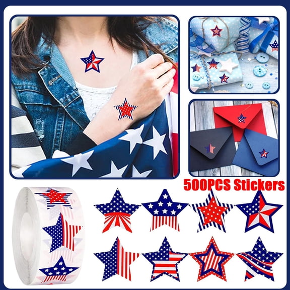 500 Sheets Per Roll Independence Day Patriotic Stickers Self-Adhesive Stars Envelope Gift Tags Memorial Day Decoration, Waterproof Self-Adhesive Stars Stickers For Independence