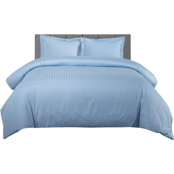 500 TC 100% Egyptian Cotton Premium 5PCs Duvet set ( 1- Duvet Cover + 4 - Pillow Shams ) Zipper Closur Ultra Soft Durable and Fade Resistant Color Light Blue Stripe size Full