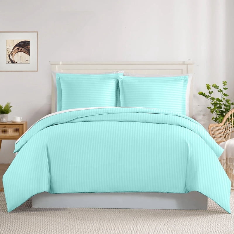500 TC 100% Egyptian Cotton Premium Duvet Cover Zipper Closur Ultra Soft Durable and Fade Resistant Color Aqua Blue Stripe size Twin/Twin-XL