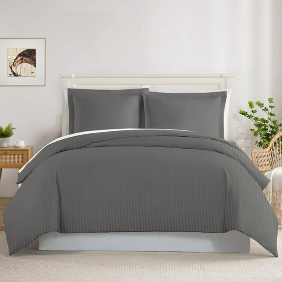 500 TC 100% Egyptian Cotton Premium Duvet Cover Zipper Closur Ultra Soft Durable and Fade Resistant Color Dark Gray Stripe size Full