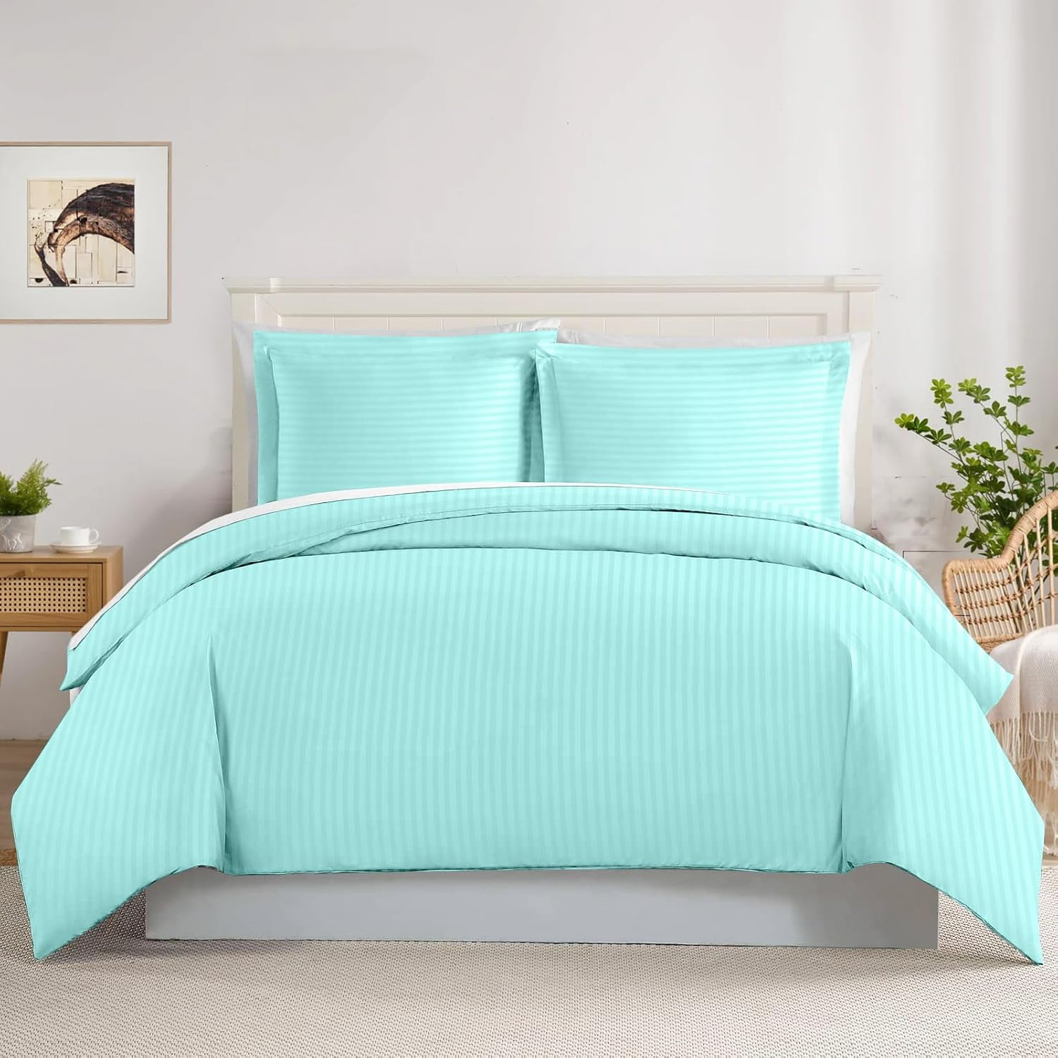 500 TC 100% Egyptian Cotton Premium Duvet set Zipper Closur Ultra Soft Durable and Fade Resistant Color Aqua Blue Stripe size Twin/Twin XL