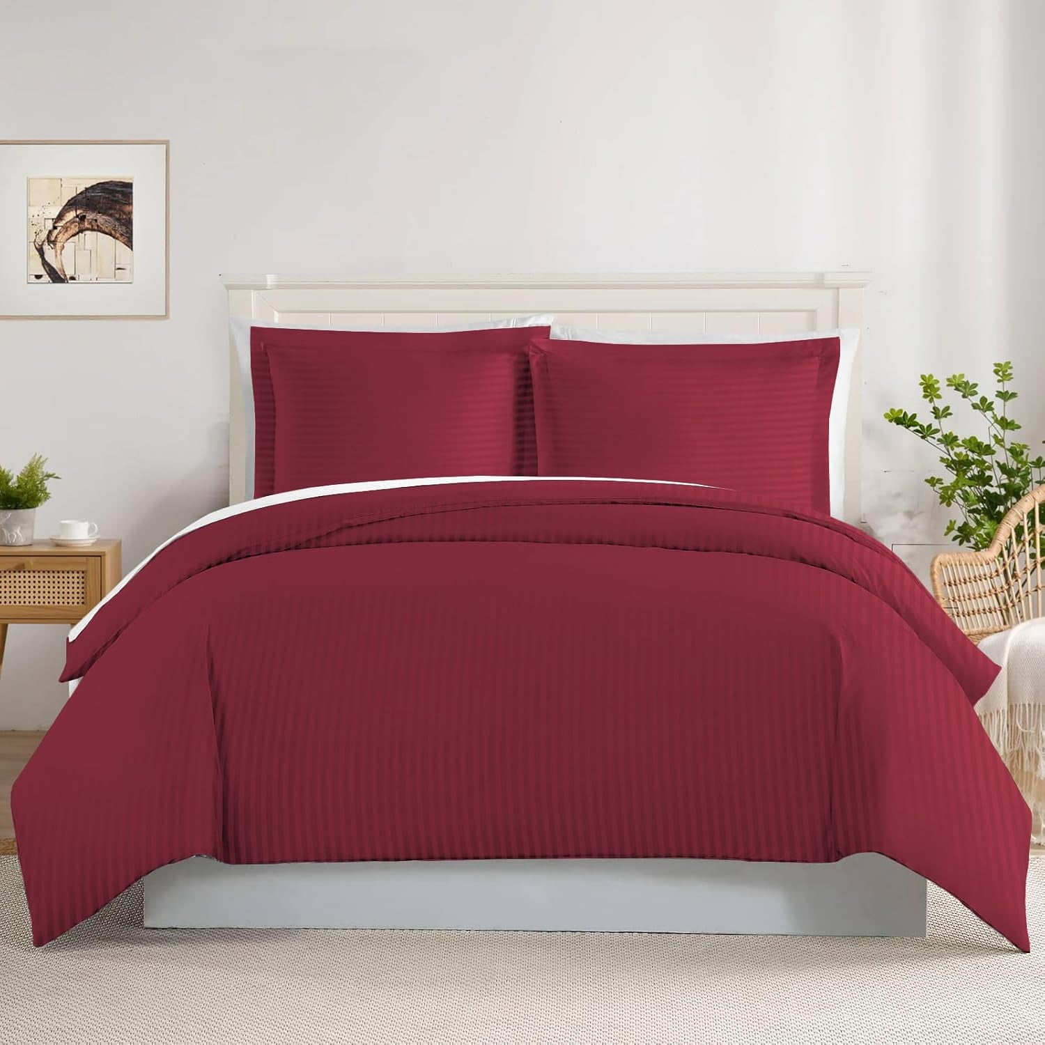 500 TC 100% Egyptian Cotton Premium Duvet set Zipper Closur Ultra Soft Durable and Fade Resistant Color Burgundy Stripe size Queen