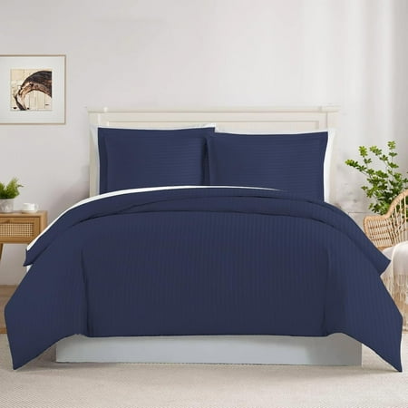 500 TC 100% Egyptian Cotton Premium Duvet set Zipper Closur Ultra Soft Durable and Fade Resistant Color Navy Blue Stripe size King