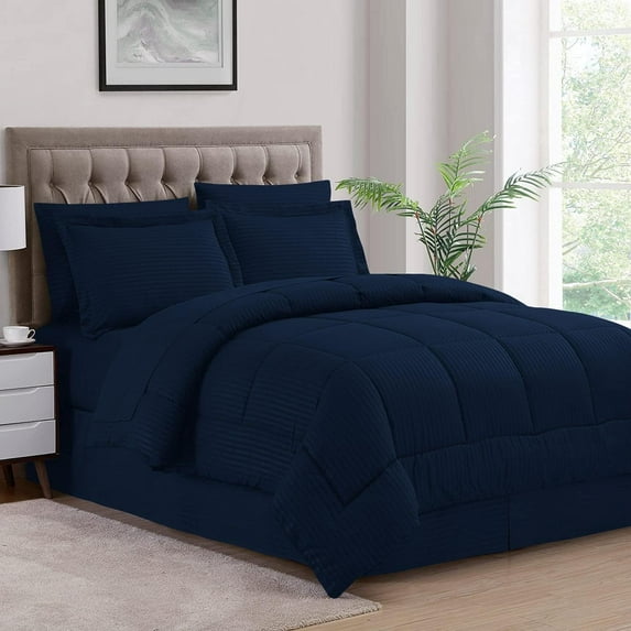 500-TC Egyptian Cotton All Season Comforter for Adults Alaskan King Size 120" x 132" Inches, 1pc Comforter Box Stitched with 4 Corner Tabs, 300 GSM Comforter, Navy Blue Stripe