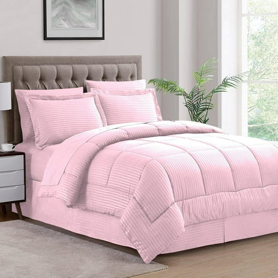 500-TC Egyptian Cotton All Season Comforter for Adults King Size 90" x 104" Inches, 1pc Comforter Box Stitched with 4 Corner Tabs, 300 GSM Comforter, Baby Pink Stripe