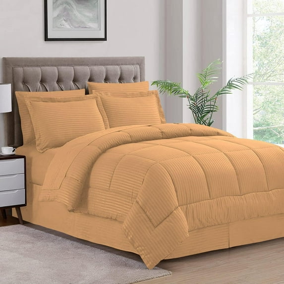 500-TC Egyptian Cotton All Season Comforter for Adults King Size 90" x 104" Inches, 1pc Comforter Box Stitched with 4 Corner Tabs, 300 GSM Comforter, Beige Stripe