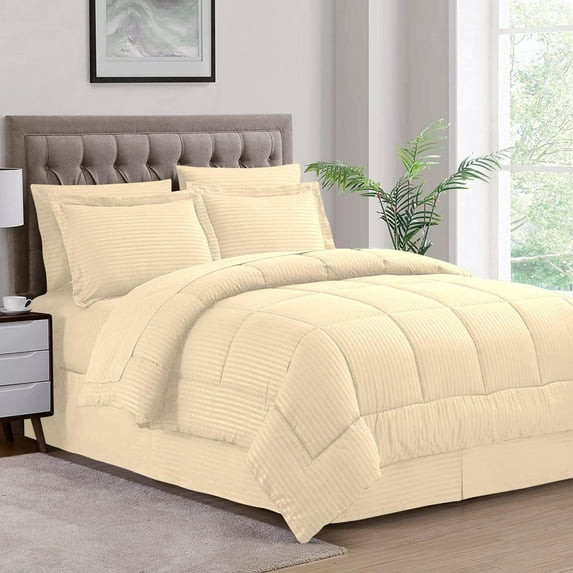 500-TC Egyptian Cotton All Season Comforter for Adults King Size 90" x 104" Inches, 1pc Comforter Box Stitched with 4 Corner Tabs, 300 GSM Comforter, Ivory Stripe