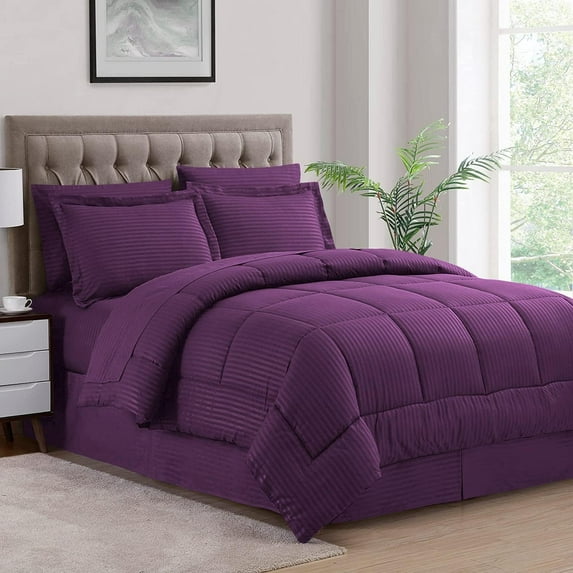 500-TC Egyptian Cotton All Season Comforter for Adults King-XL Size 98" x 116" Inches, 1pc Comforter Box Stitched with 4 Corner Tabs, 300 GSM Comforter, Plum Stripe
