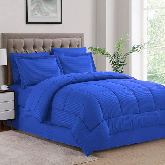 500-TC Egyptian Cotton All Season Comforter for Adults Oversized King Size 98" x 120" Inches, 1pc Comforter Box Stitched with 4 Corner Tabs, 300 GSM Comforter, Royal Blue Stripe