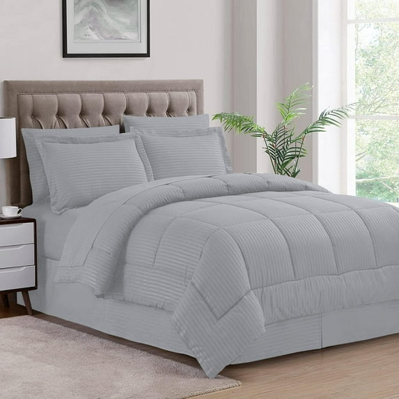 500-TC Egyptian Cotton All Season Comforter for Adults Super King Plus Size 120" x 120" Inches, 1pc Comforter Box Stitched with 4 Corner Tabs, 300 GSM Comforter, Silver Grey Stripe