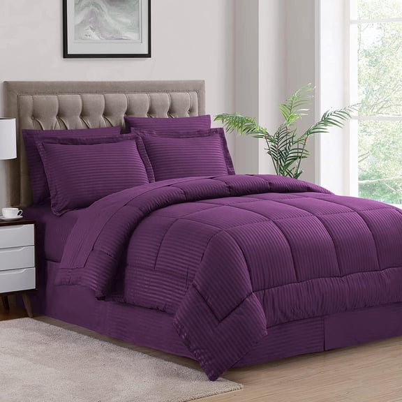 500-TC Egyptian Cotton All Season Comforter for Adults Twin/Twin-XL Size 68 x 90 Inches, 1pc Comforter Box Stitched with 4 Corner Tabs, 300 GSM Comforter, Plum Stripe