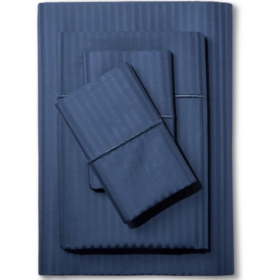 500 TC King Size Damask Bed Sheet Set 100% Cotton 4 Piece 18 Deep Pockets Sateen Weave Striped Dark Blue Stripe