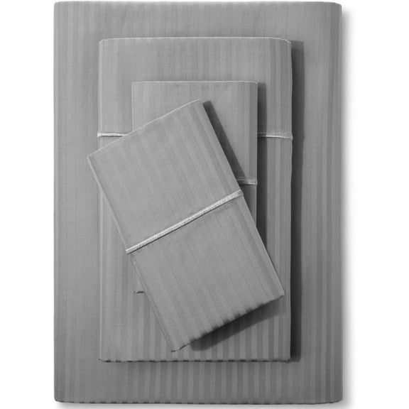 500 TC King Size Damask Bed Sheet Set 100% Cotton 4 Piece 18 Inch Deep Pockets Sateen Weave Grey Stripe
