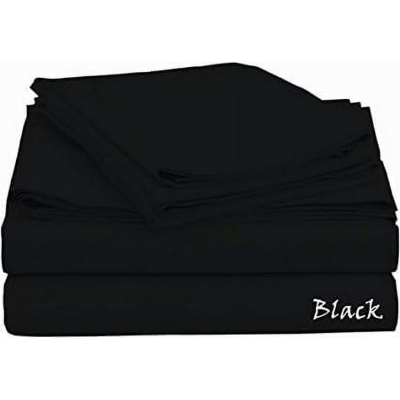 500 TC Sheet Set 4-Pieces Fitted and Flat Sheets, 2 PIllows !! SOLID Patterned - Queen Size - Solid Colors { Black } 100 % Cotton Depth Pocket 12" Inches By KM LINEN