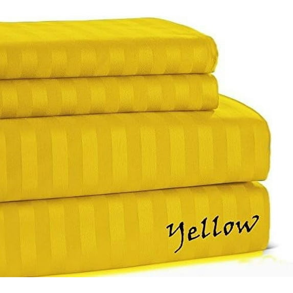 500 TC Soft Collection - King Size - Striped COLORS Sheet Set - 4 Pieces - { Yellow } Easily Fit Pocket 22" Inches By KM LINEN
