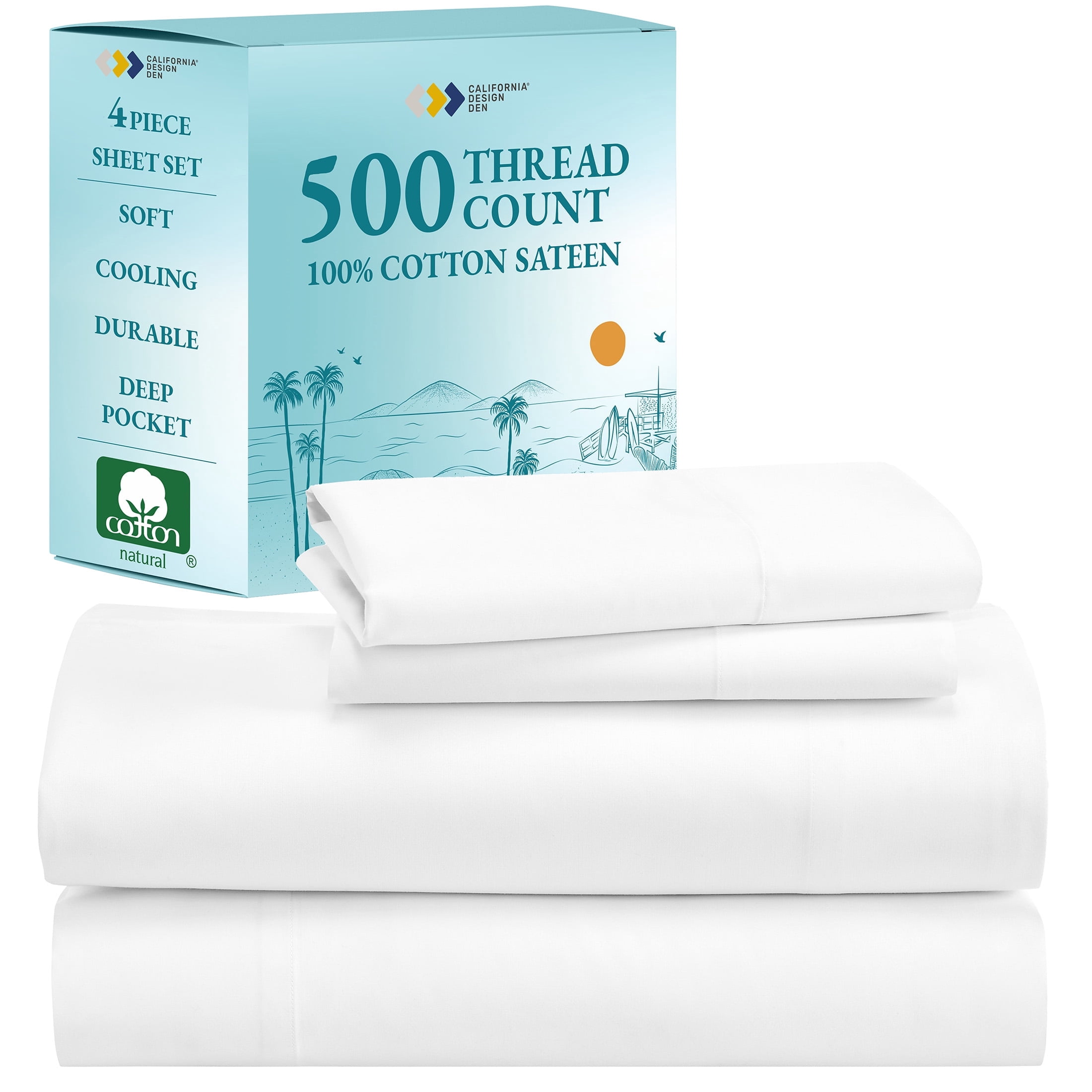 500-Thread-Count 100% Cotton Sheet Pure White Queen-Sheets Set, 4-Piece Extra Long-Staple Combed Cotton Best-Bedding Sheets for Bed, Soft & Silky Sateen Weave Fits Mattress 16, Deep Pocket