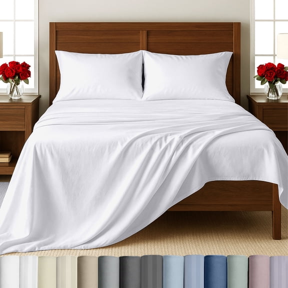 500-Thread-Count 100% Cotton Sheet White Queen-Sheets Set, 4-Piece Extra Long-Staple Combed Cotton Bedding Sheets for Bed, Soft & Silky Sateen Weave Fits Mattress 16, Deep Pocket