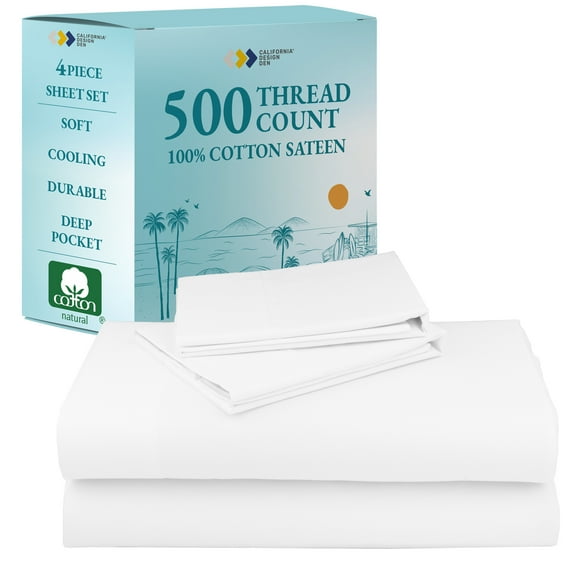 500-Thread-Count 100% Cotton Sheet Pure White Queen-Sheets Set, 4-Piece Extra Long-Staple Combed Cotton Best-Bedding Sheets for Bed, Soft & Silky Sateen Weave Fits Mattress 16, Deep Pocket
