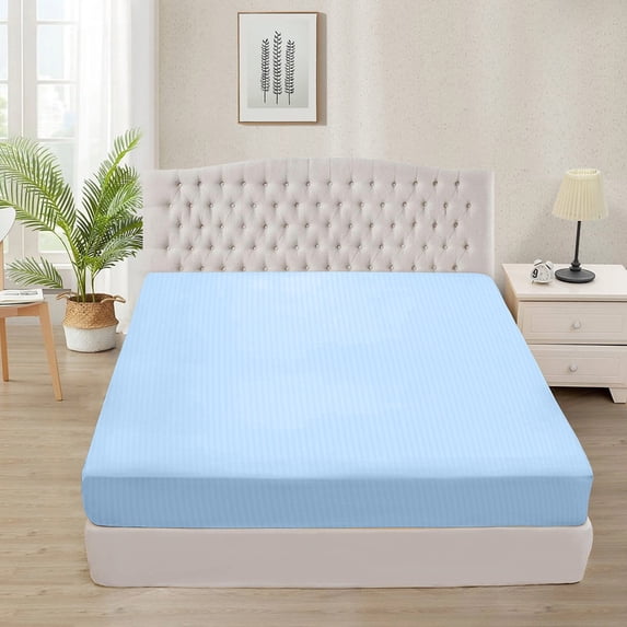 500 Thread Count 100% Egyptian Cotton 3-Piece Fitted Sheet ( 1 Fitted Sheet + 2 Pillow Covers) 18 Inches Deep Pocket Size California-King Color Sky Blue Stripe