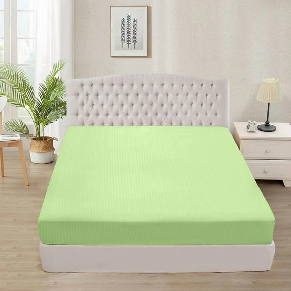 500 Thread Count 100% Egyptian Cotton 3-Piece Fitted Sheet ( 1 Fitted Sheet + 2 Pillow Covers) 21 Inches Deep Pocket Size Full Color Sage Stripe