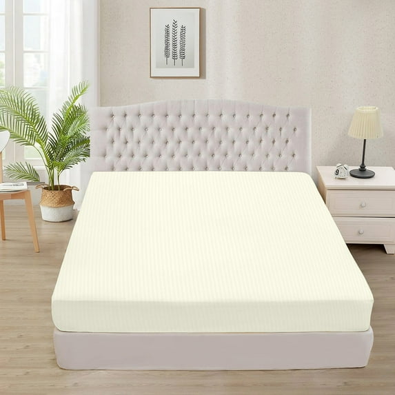 500 Thread Count 100% Egyptian Cotton 3-Piece Fitted Sheet ( 1 Fitted Sheet + 2 Pillow Covers) 24 Inches Deep Pocket Size California-King Color Ivory Stripe